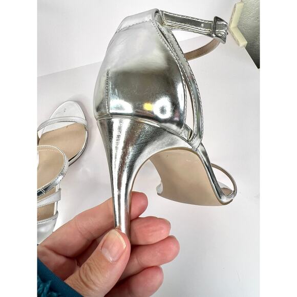 ASOS Size 8 Silver Shiny 3 Inch Ankle Strap Heels Open Toe - Picture 10 of 16